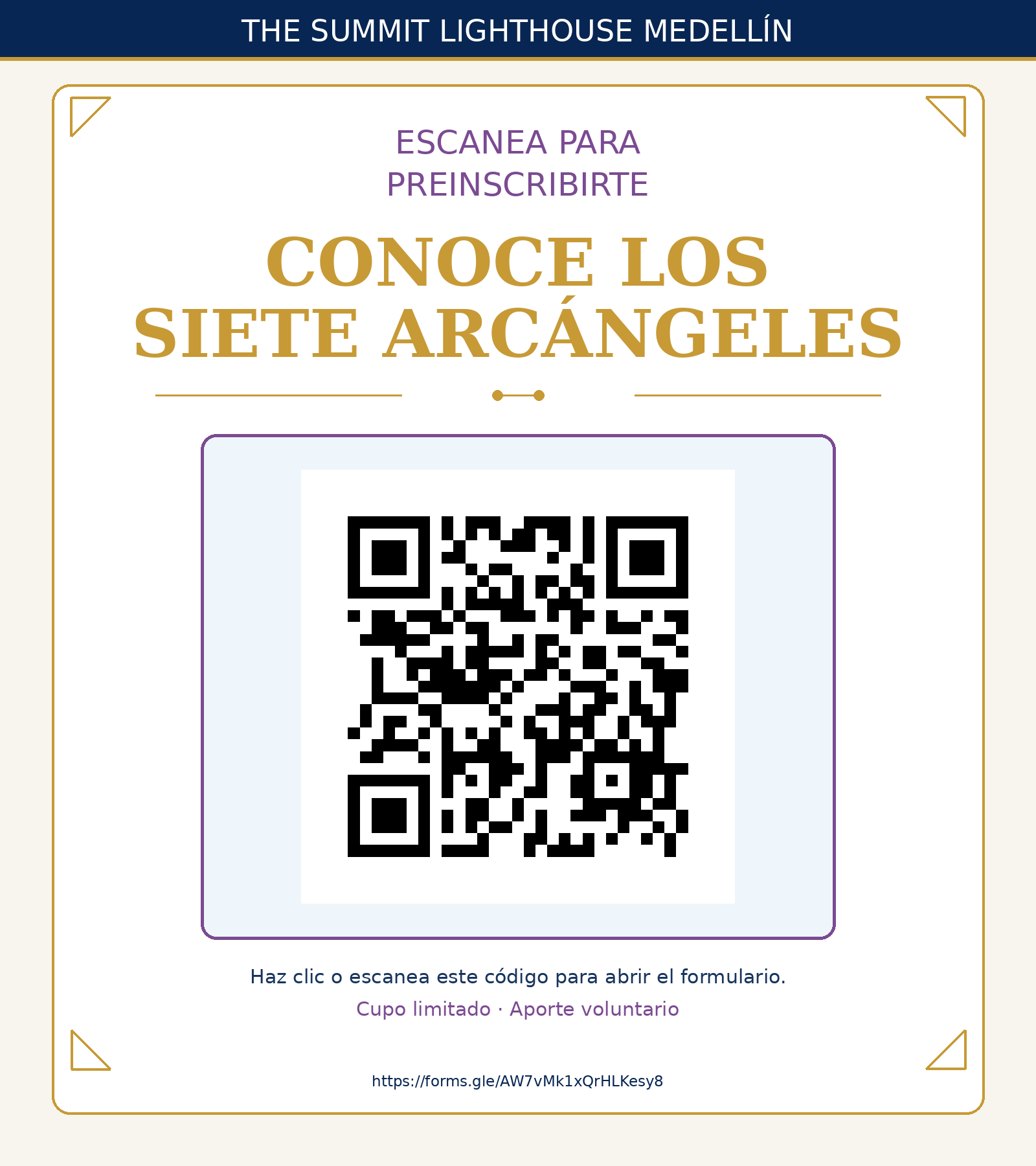 Código QR para preinscribirse a la conferencia Conoce los Siete Arcángeles